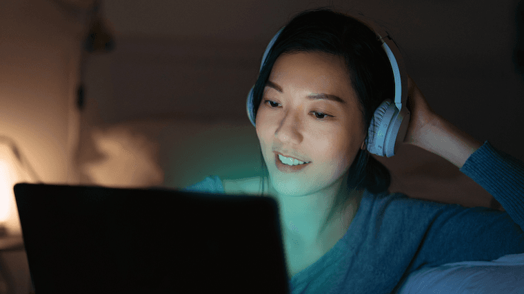 Smiling at computer